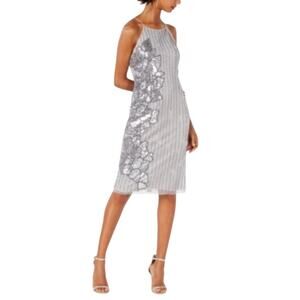Adrianna Papell Beaded Flower Accent Midi Sheath Cocktail Dress Silver Size 4